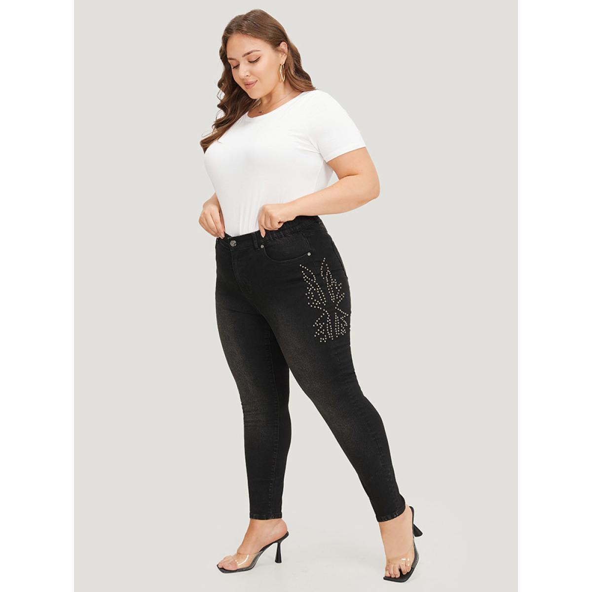 Plus Size Beaded Detail Pocket Very Stretchy Black Wash Jeans Women Black Casual Plain Beaded High stretch Pocket Jeans BloomChic 24/3X Product Image