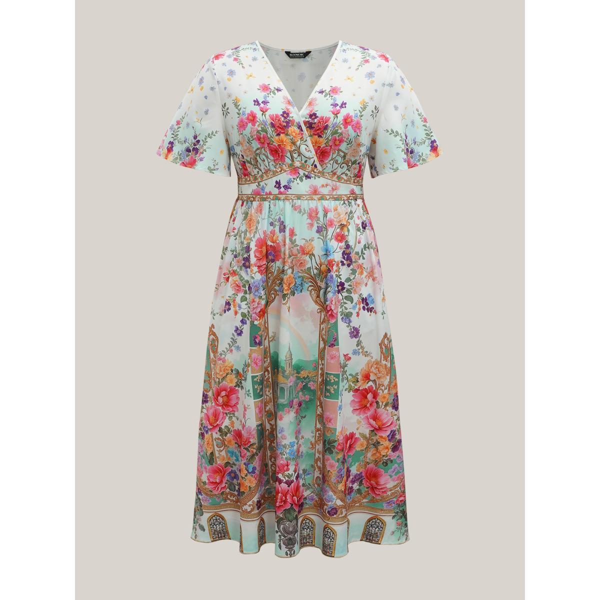 Plus Size Floral Print Wrap-Neck Flared Sleeve Maxi Dress Ivory Women Elegant Non Overlap Collar Short sleeve Curvy BloomChic 14-16/1X Product Image