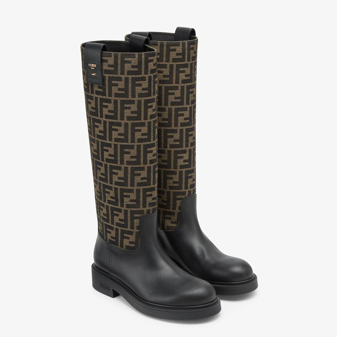 Fendi FiloBlack leather and brown FF fabric boots Product Image
