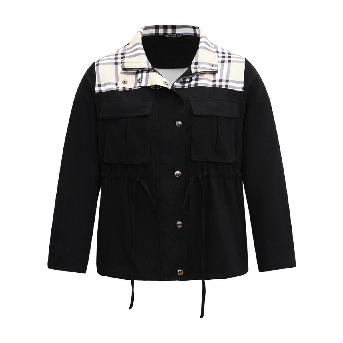 Plus Size Plaid Patchwork Drawstring Zipper Fly Flap Pocket Coat Women Black Casual Contrast Ladies Everyday Winter Coats BloomChic 10/M Product Image