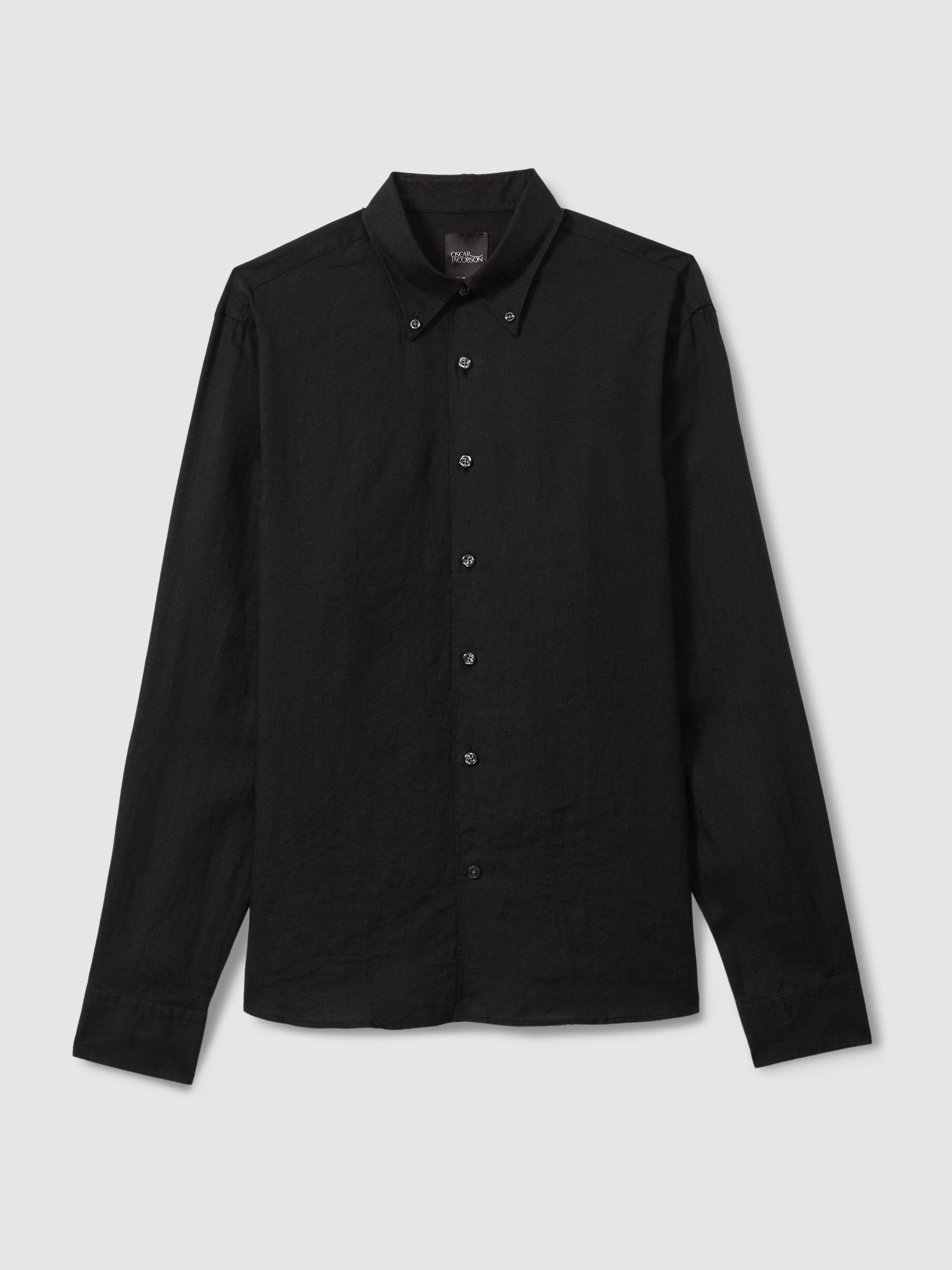 Oscar Jacobson Linen Button Down Collar Shirt in Black Product Image