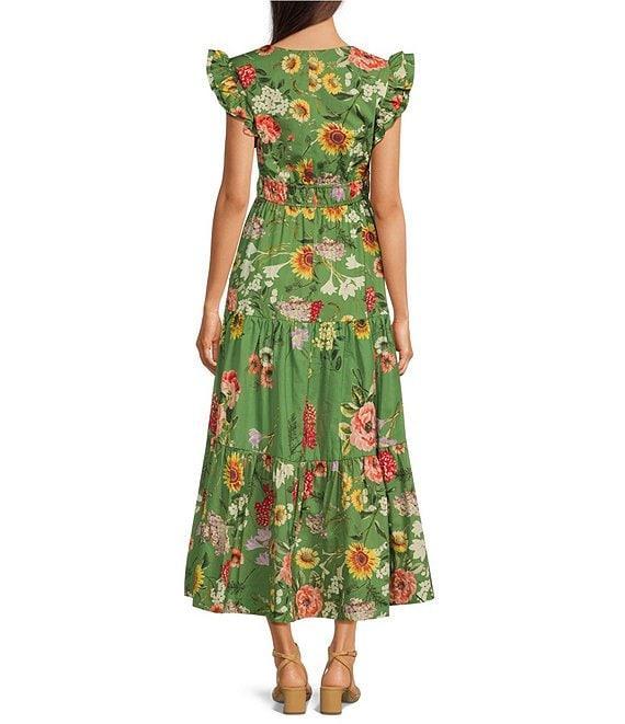 Anne Klein Poplin Floral Print V Neck Cap Sleeve A-Line Maxi Dress Product Image
