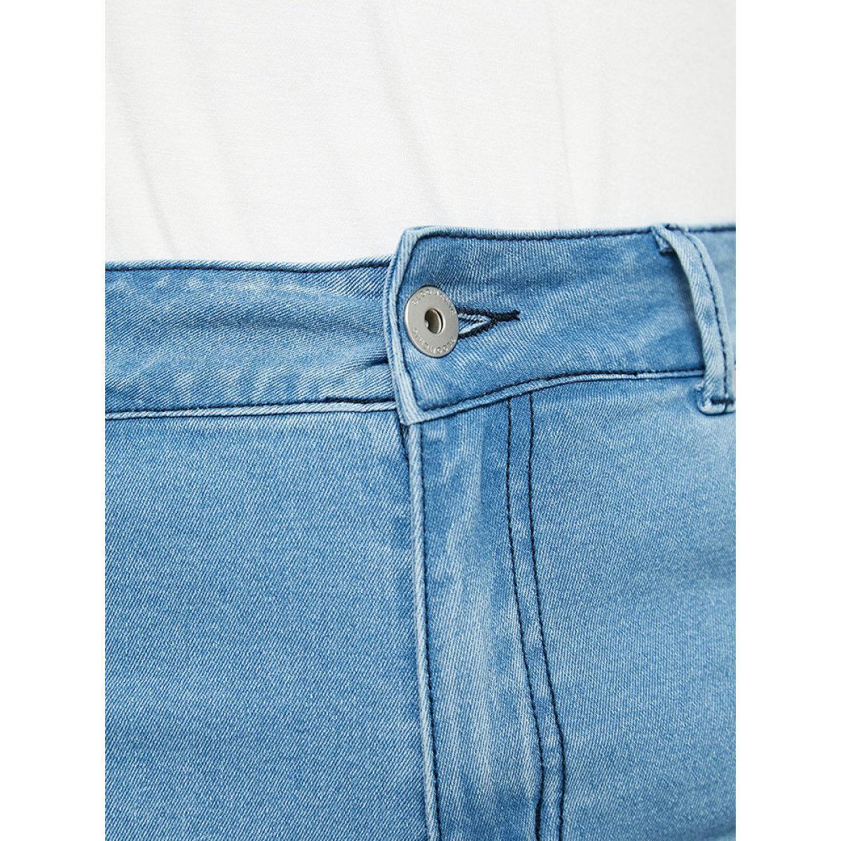 Plus Size Very Stretchy High Rise Light Wash Contrast Lace Denim Shorts Women LightBlue High stretch Dailywear Casual Denim Shorts BloomChic 10/M Product Image