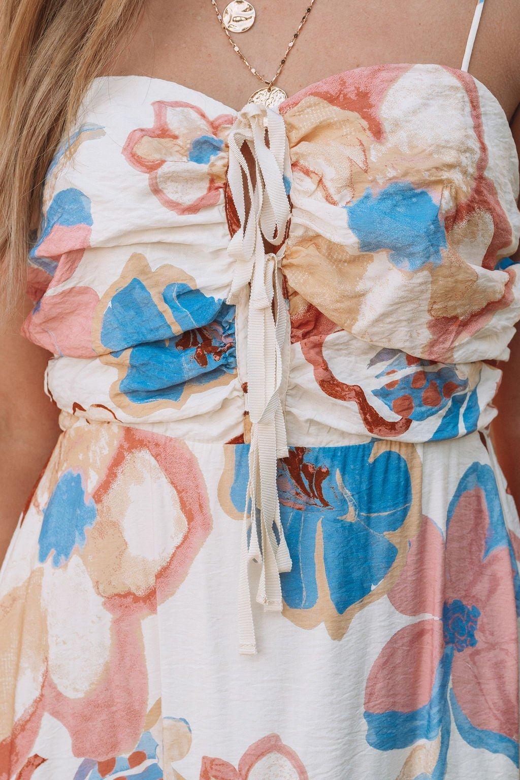 Cream Floral Print Tie Strap Midi Dress - FINAL SALE Female Product Image