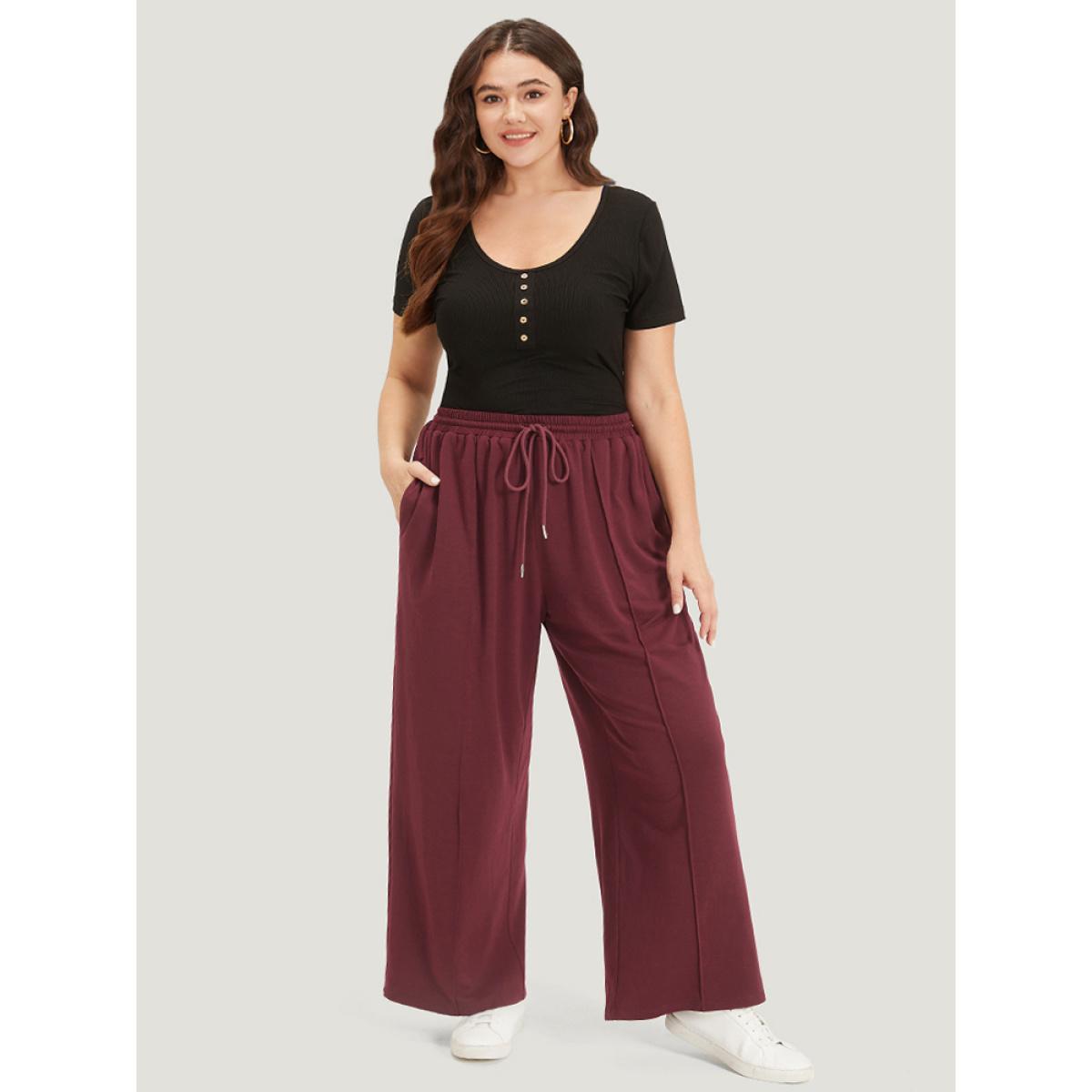 Solid Drawstring Pocket Loose Sweatpants Scarlet Plus Size Women Casual Dailywear Plain 28/5X Bloomchic Product Image