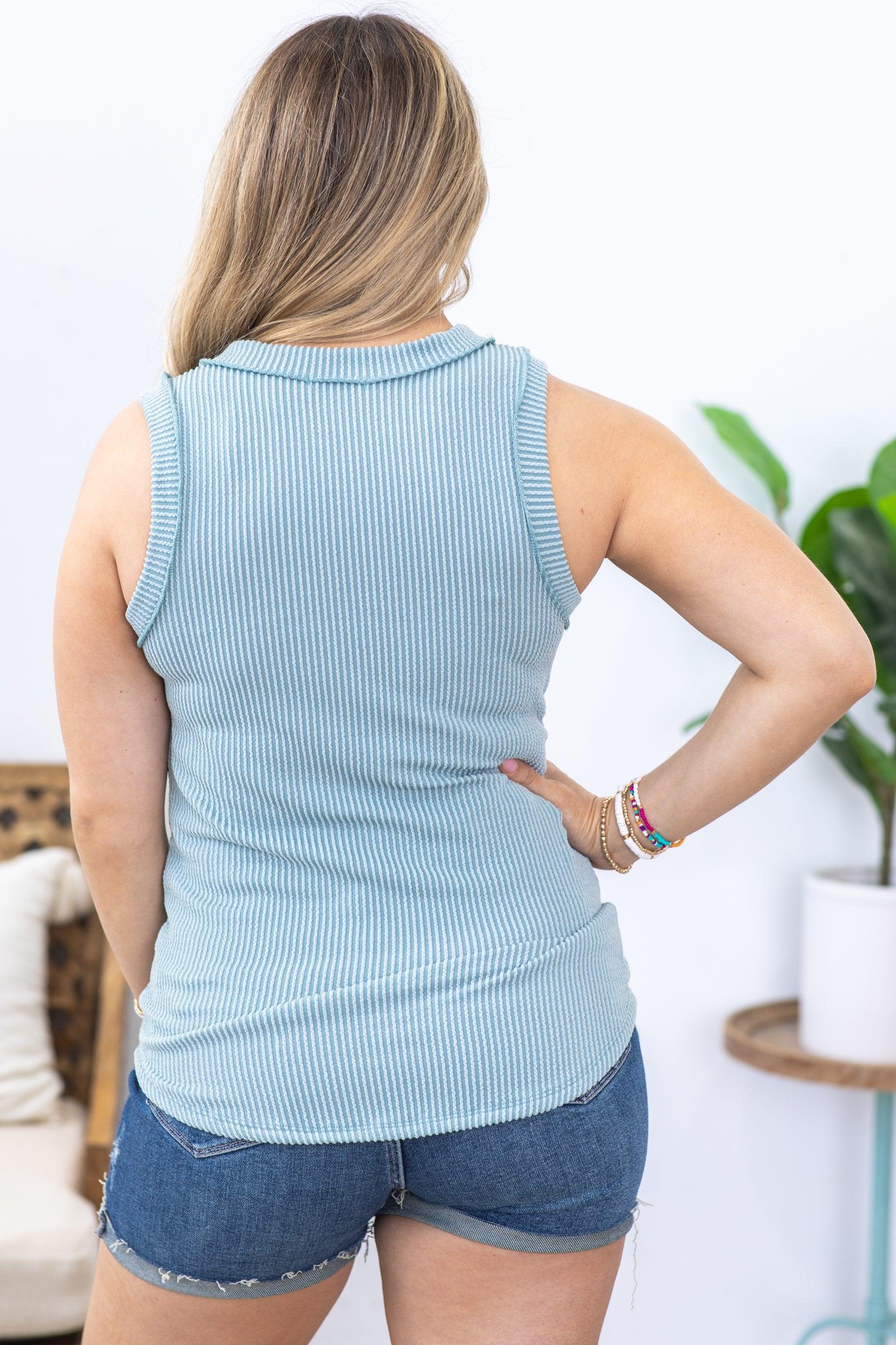 Dusty Teal Sleeveless Solid Ribbed Knit Tank Product Image
