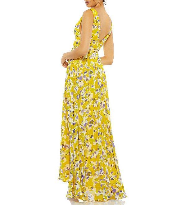 Mac Duggal V-Neck Floral Print Sleeveless Chiffon Side Slit A-Line Gown Product Image