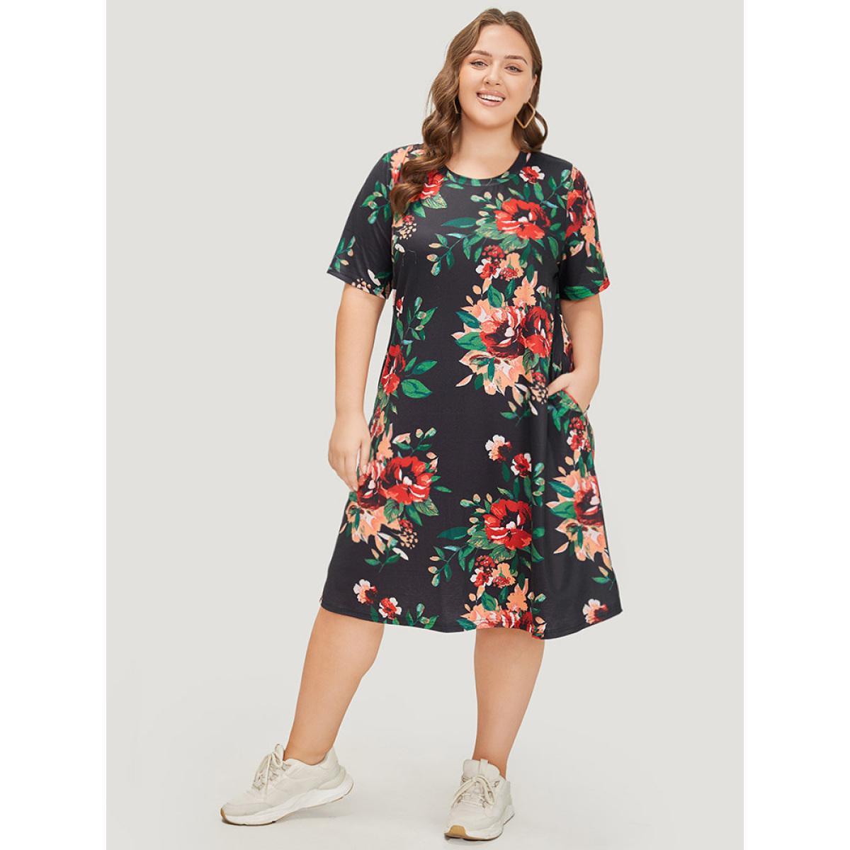 Plus Size Floral Print Pocket Midi Dress Black Women Casual Pocket Round Neck Short sleeve Curvy Midi Dress BloomChic 14-16/1X Product Image