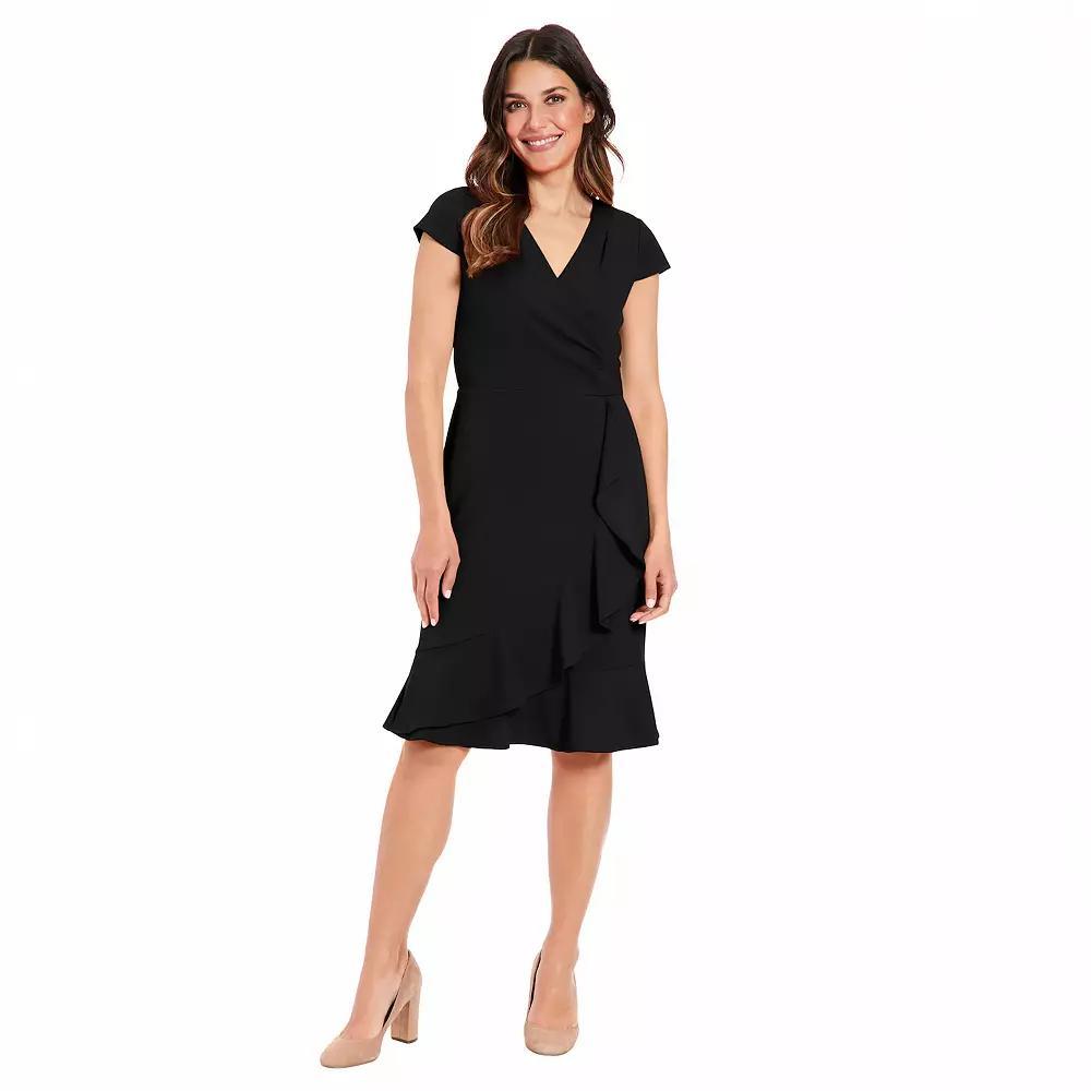 Women's London Times Short Sleeve Ruffle Wrap Dress, Size: 4, Black Product Image