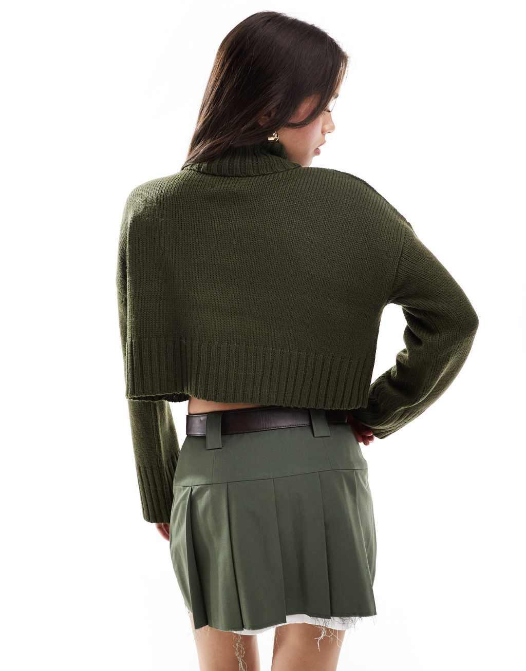 ASOS DESIGN cropped roll neck sweater in khaki Product Image