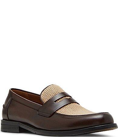 Steve Madden Mens Natan Leather and Raffia Dress Penny Loafers Product Image