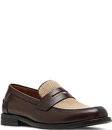Steve Madden Mens Natan Leather and Raffia Dress Penny Loafers Product Image