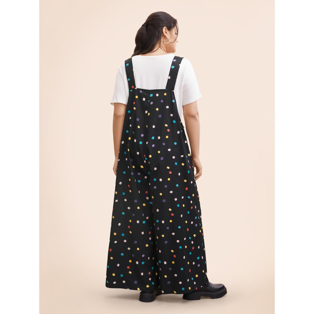 Plus Size Black Painted Polka Dot Adjustable Straps Jumpsuit Women Casual Sleeveless Non Everyday Loose Jumpsuits BloomChic 22-24/3X Product Image