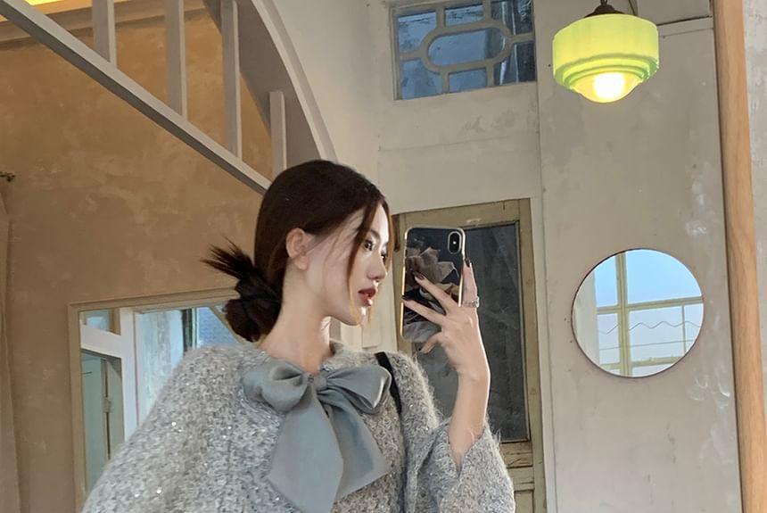 Tie-Neck Plain Glitter Sweater Product Image