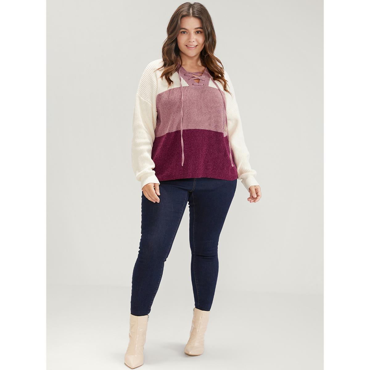 Plus Size Colorblock Contrast Chenille Knit Lace Up V Neck Knit Top Multicolor Women Casual Long Sleeve V-neck Dailywear Pullovers BloomChic 28/5X Product Image