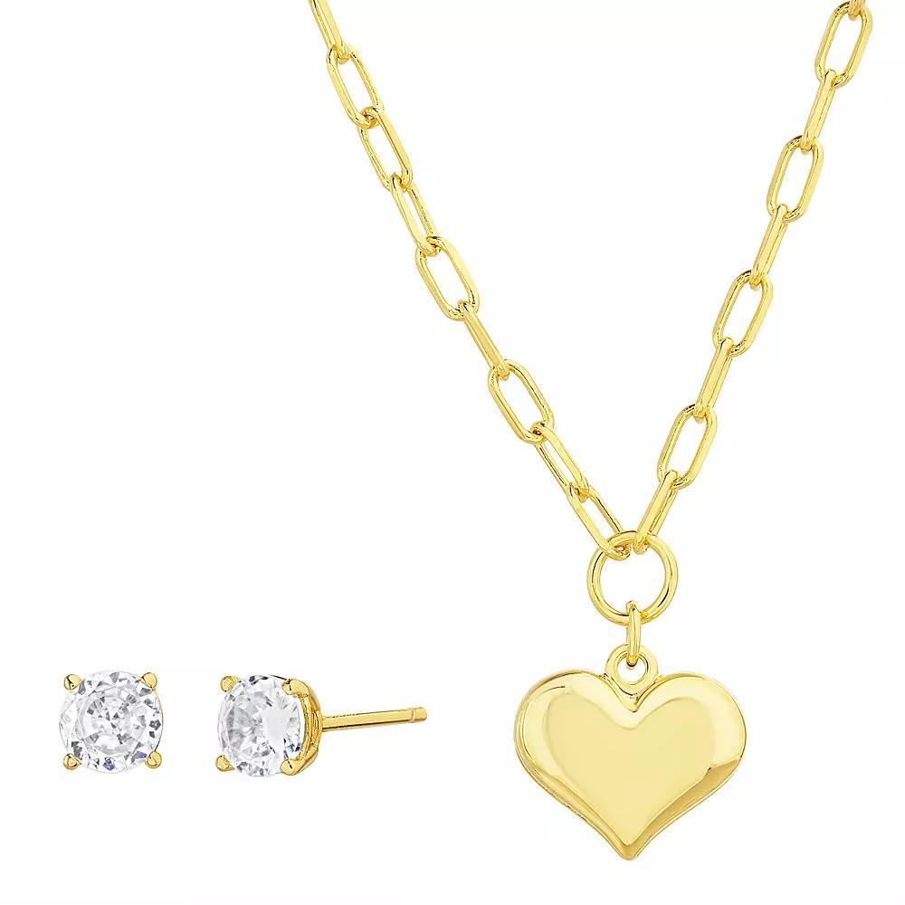 Guided by Faith 14k Gold Flash Plated Puffy Heart Necklace & Cubic Zirconia Stud Earring Set, Womens Gold Tone Product Image