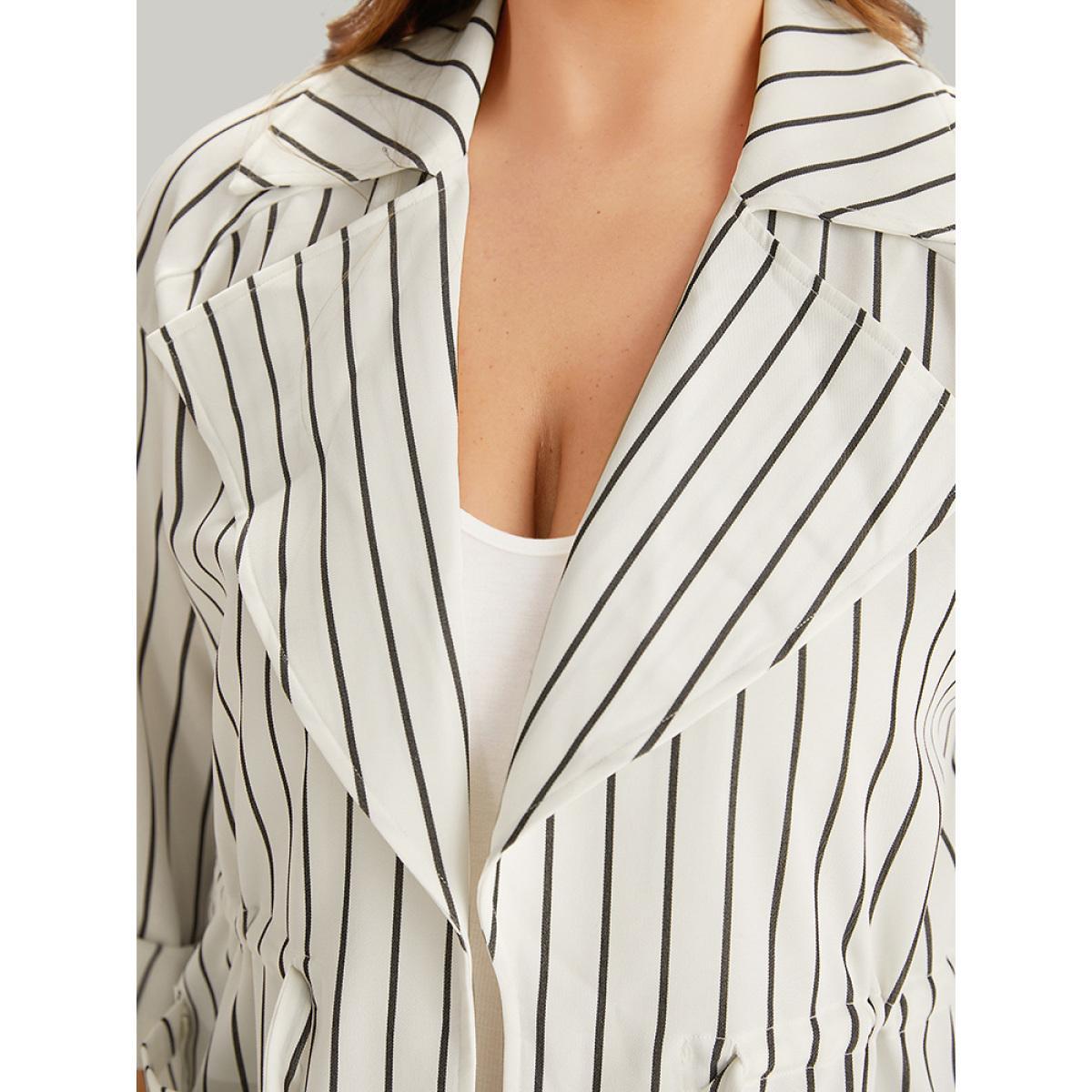 Plus Size Striped Suit Collar Drawstring Patched Pocket Coat Women White Casual Knotted Ladies Everyday Winter Coats BloomChic 18-20/2X Product Image