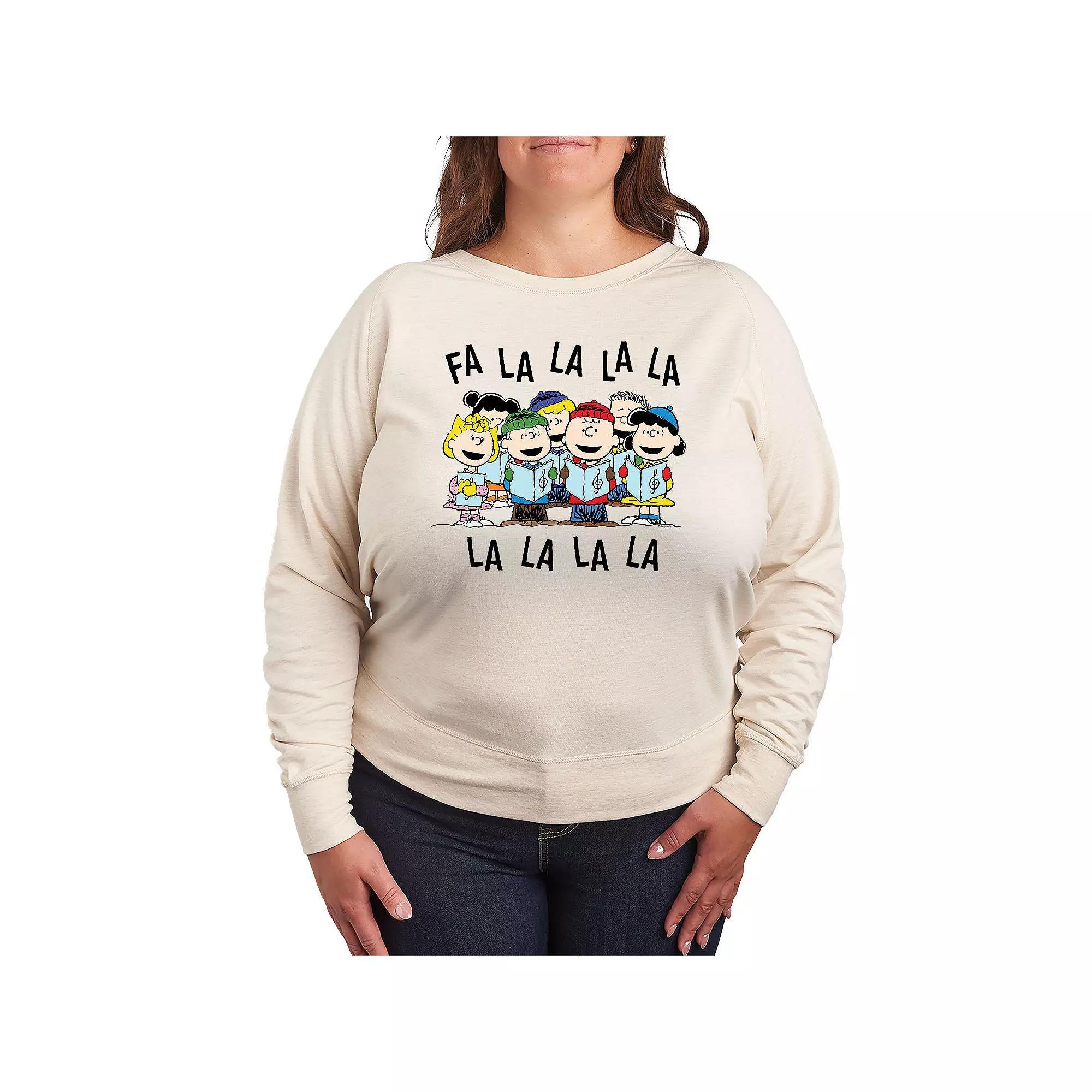 Plus Size Peanuts Fa La La French Terry Long Sleeve Tee, Womens Grey Green Product Image