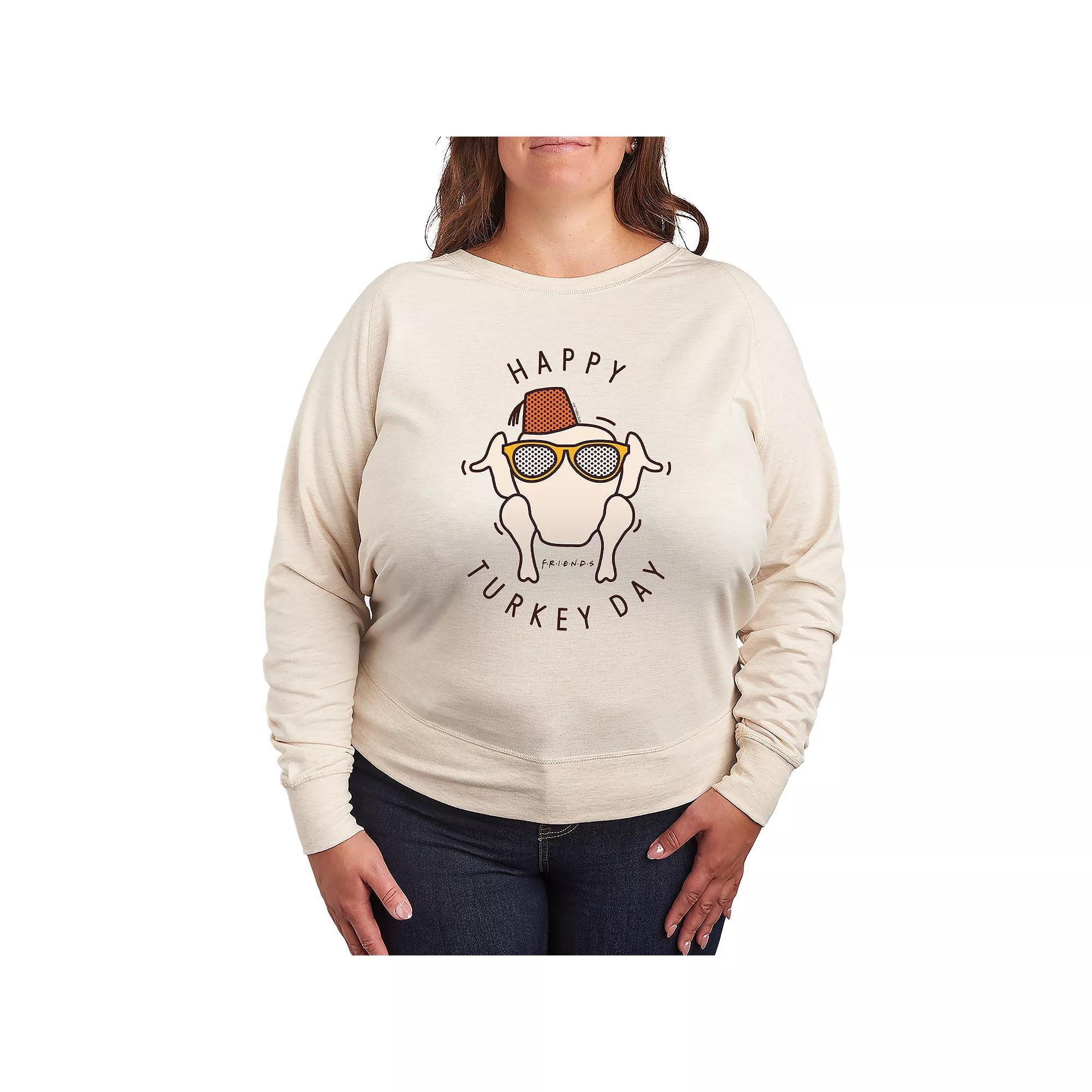 Plus Size Friends Happy Turkey Day French Terry Long Sleeve Tee, Women's, Size: 1XL, Beige Product Image