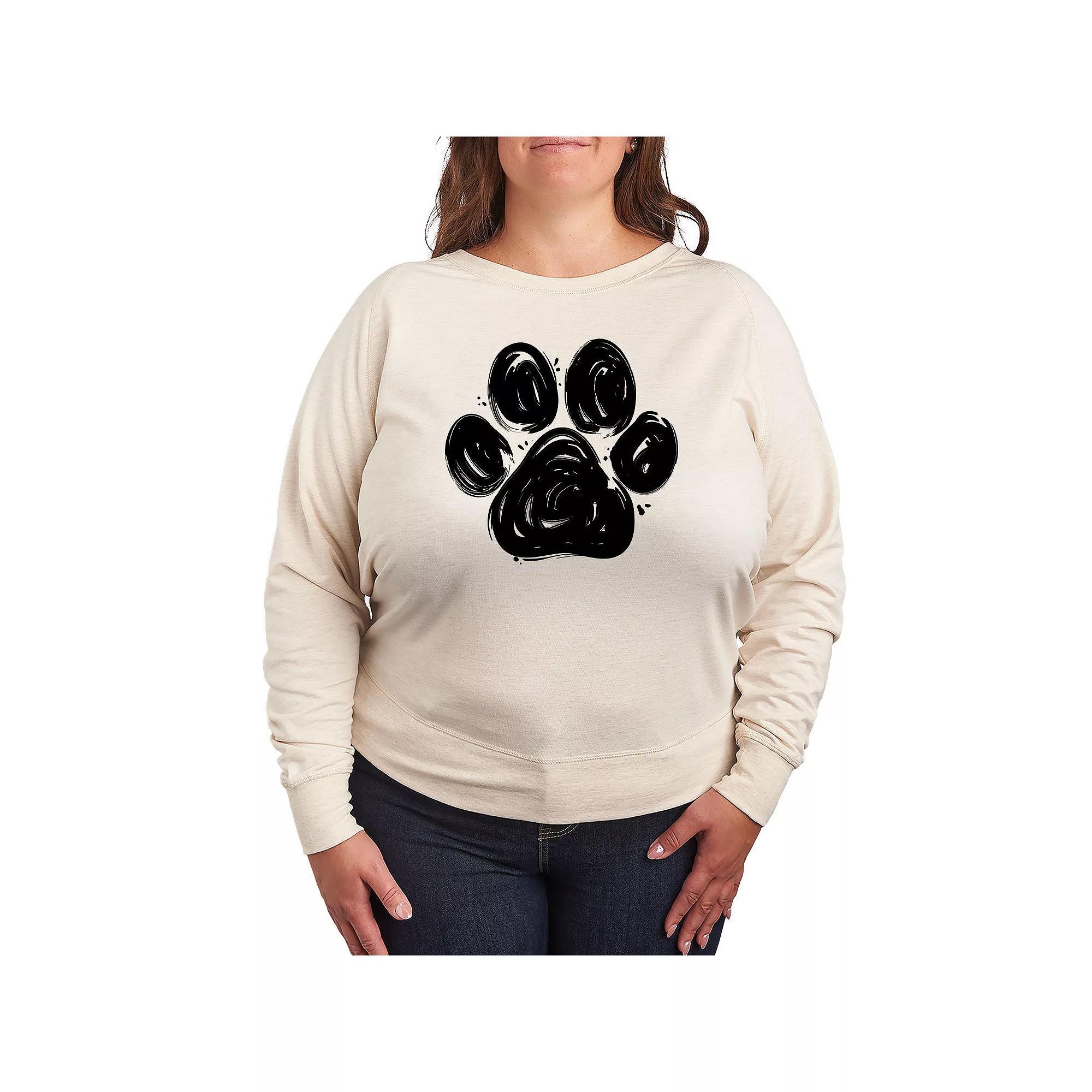 Plus Size Brushstroke Paw Print French Terry Long Sleeve Tee, Women's, Size: 1XL, Brown Product Image
