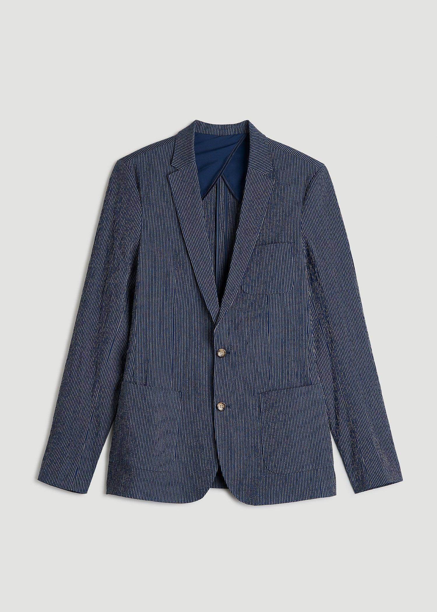 Stretch Seersucker Blazer for Tall Men in Navy and Off White Stripe Product Image