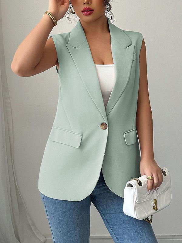 Loose Sleeveless Buttoned Pockets Notched Collar Blazer Vest Top Product Image