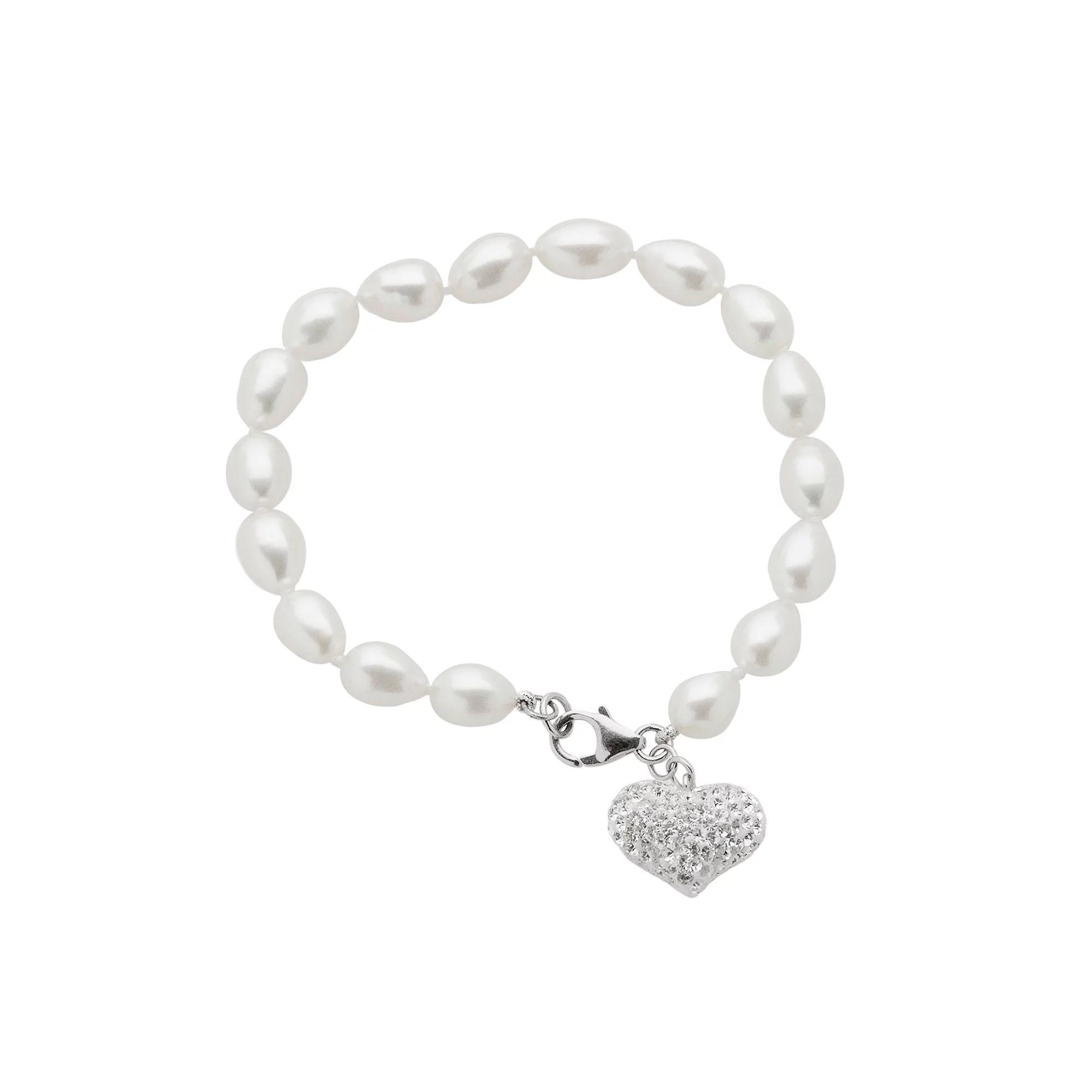 Sterling Silver Freshwater Cultured Pearl and Crystal Heart Charm Bracelet, Womens White Product Image