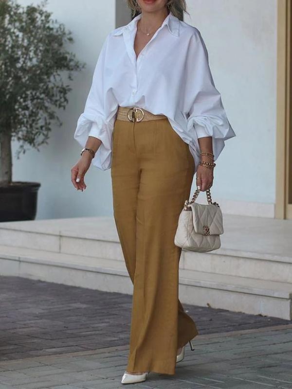 Loose Puff Sleeves Pleated Solid Color Split-Joint Lapel Blouses&Shirts Tops Product Image