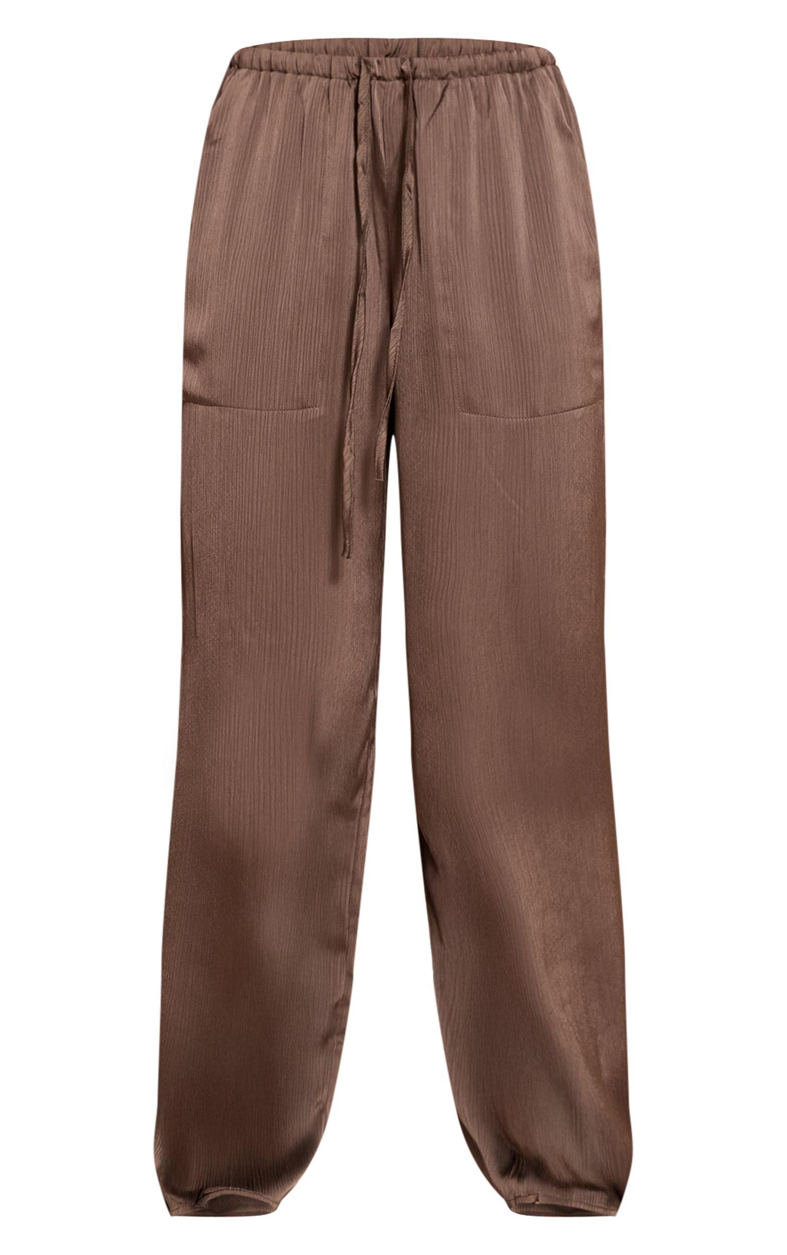 Charcoal Textured Satin Low Rise Wide Leg Drawstring Pants Product Image