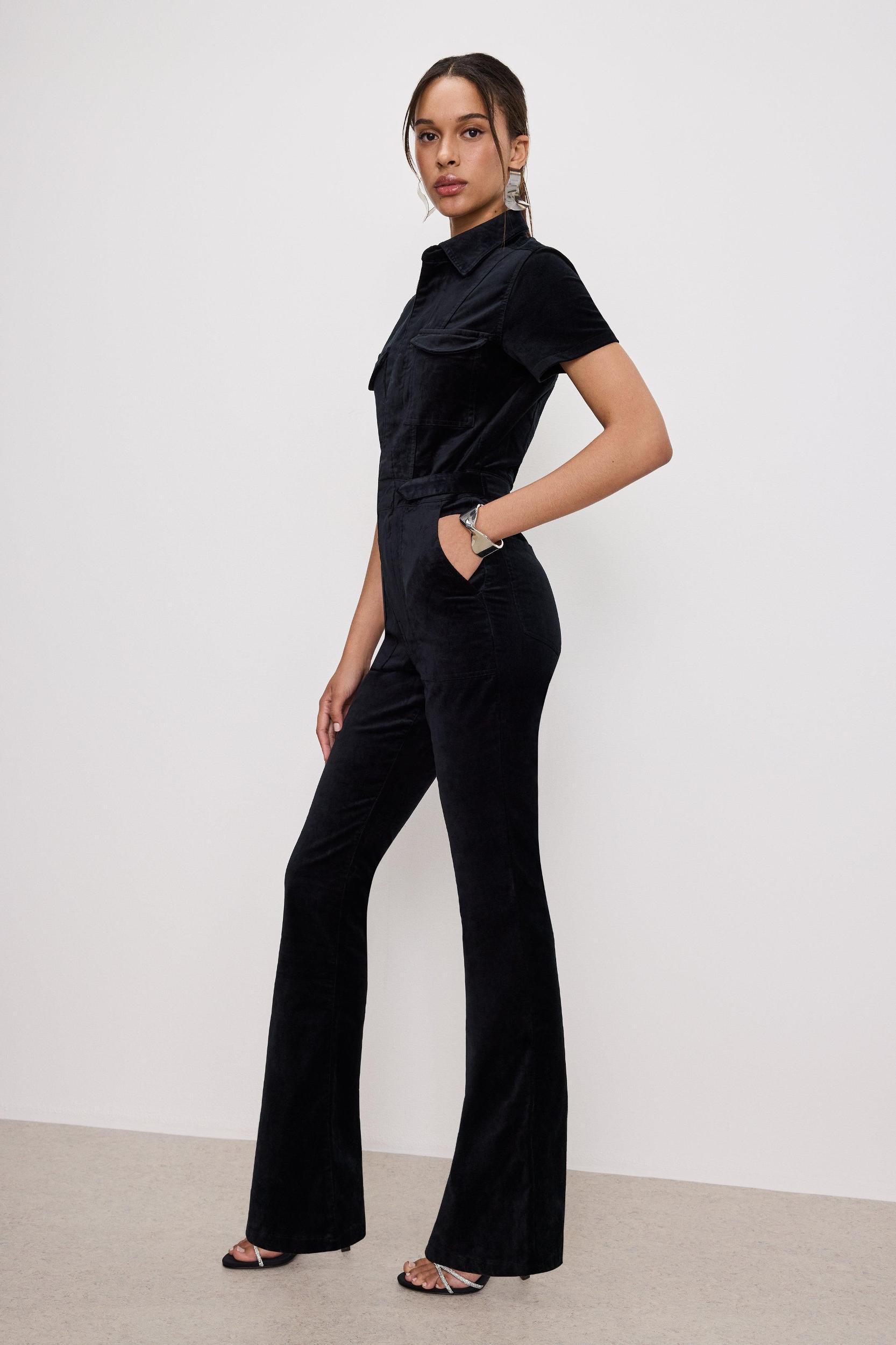 FIT FOR SUCCESS VELVET BOOTCUT JUMPSUIT | BLACK001 Product Image