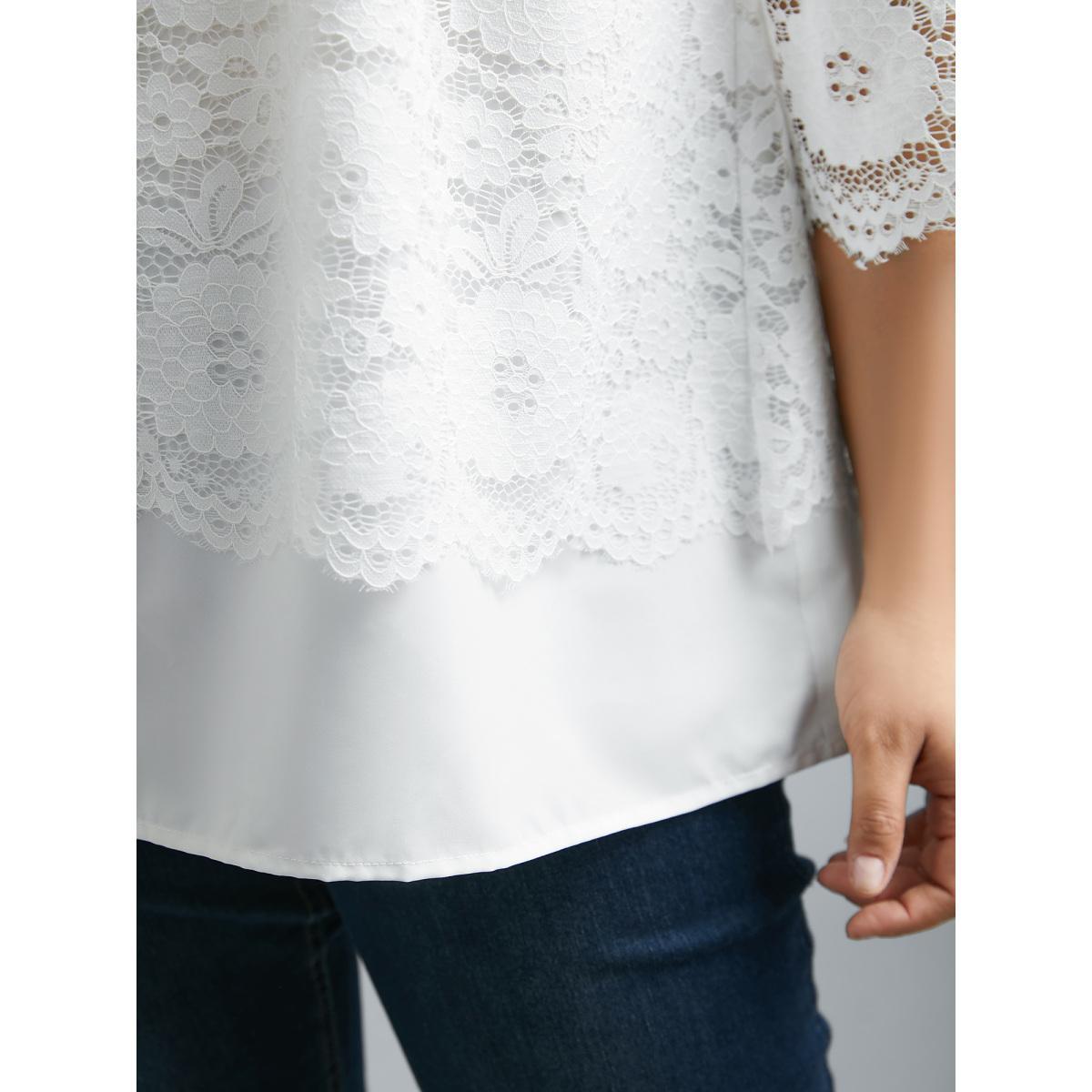 Plus Size Opticwhite Layered Crochet Lace Semi-Sheer Blouse Women Elegant Elbow-length sleeve Round Neck Everyday Blouses BloomChic 18-20/2X Product Image