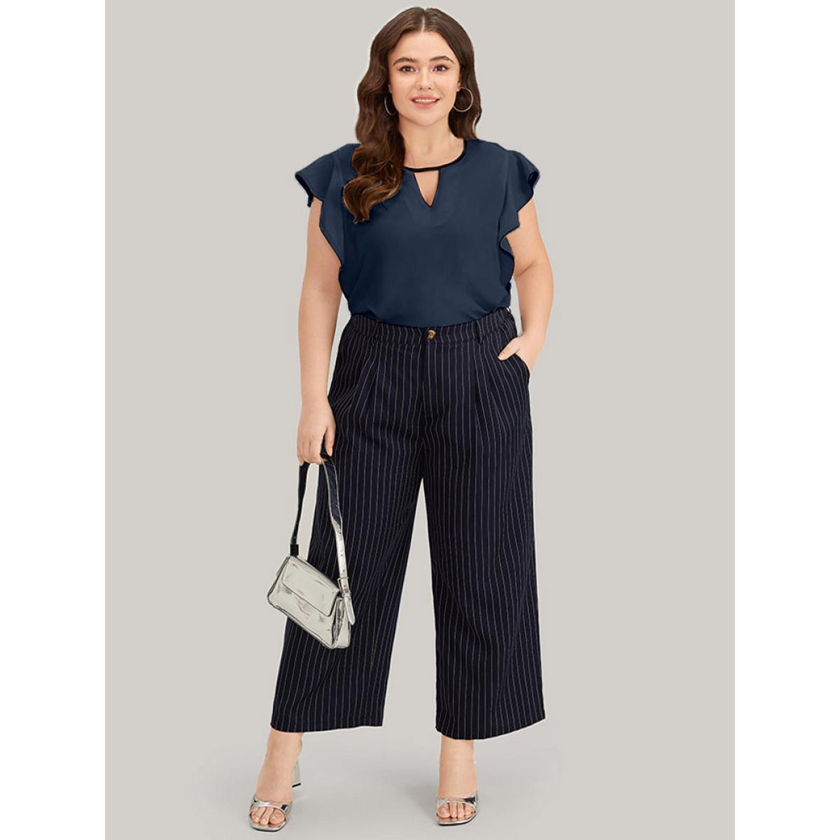 Plus Size Indigo Contrast Keyhole Ruffle Trim Cap Sleeve Blouse Women Office Cap Sleeve Keyhole Cut-Out Work Blouses BloomChic 22-24/3X Product Image