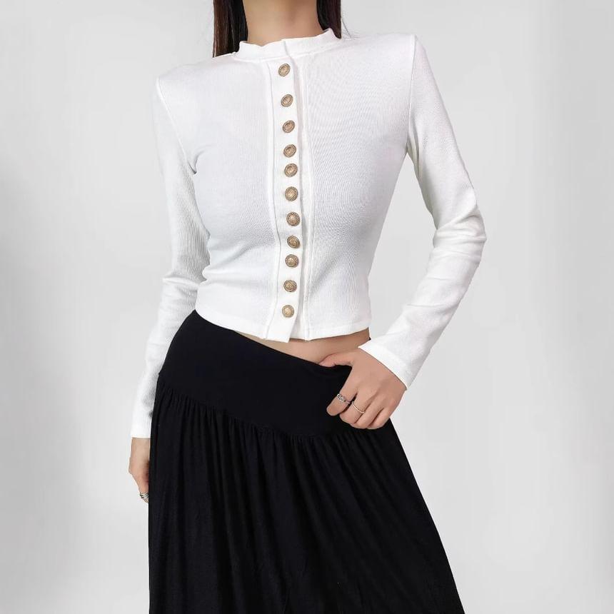 Long Sleeve Mock Neck Plain Button Top Product Image