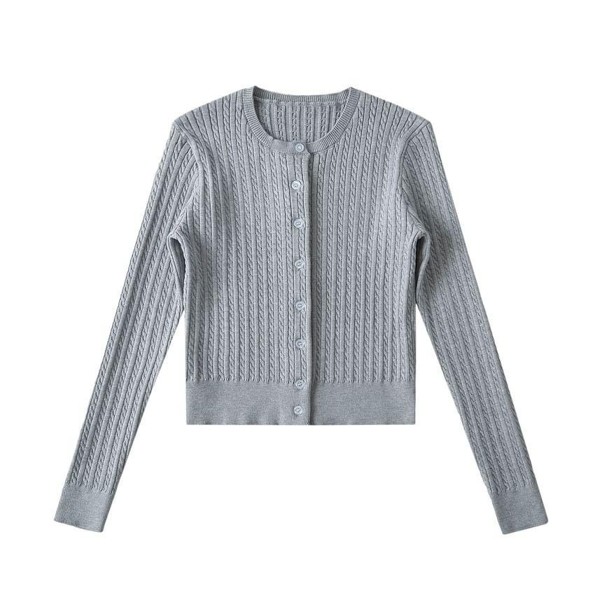 Round Neck Plain Cable Knit Cardigan Product Image