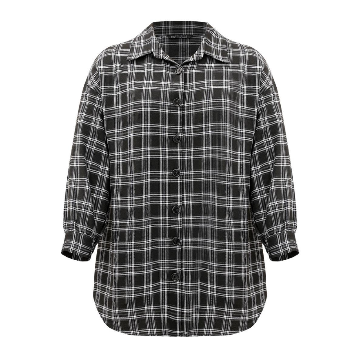 Plus Size Plaid Button Fly Curved Hem Shirt Collar Coat Women Black Casual Arc Hem Ladies Dailywear Winter Coats BloomChic 18-20/2X Product Image