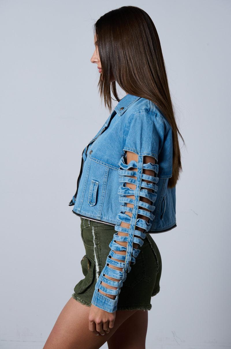 BLOSSOM DENIM CUT OUT PANEL CONVERTIBLE TRENCH Product Image