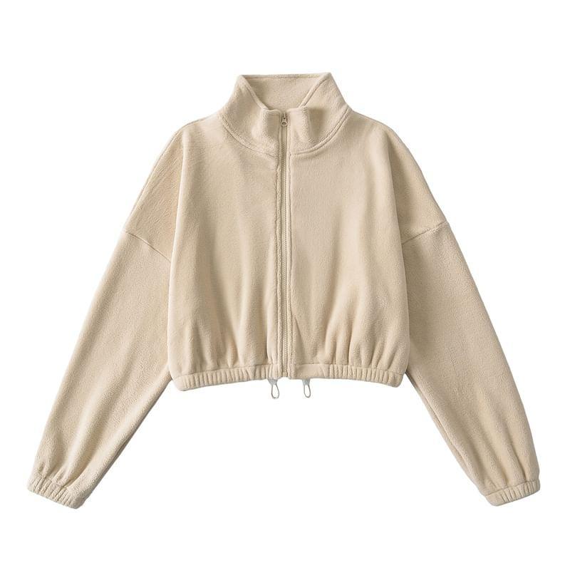 Stand Collar Plain Zip Up Fleece Jacket Product Image