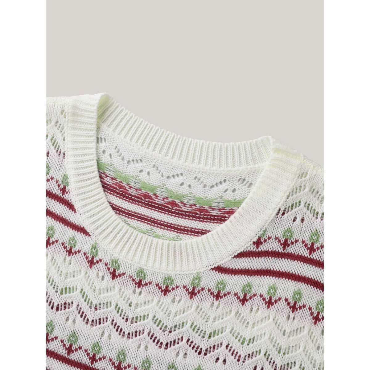 Plus Size Jacquard Pattern Crew Neck Ribbed Pullover Ivory Women Casual Loose Long Sleeve Round Neck Everyday-Casual Pullovers BloomChic 26/4X Product Image