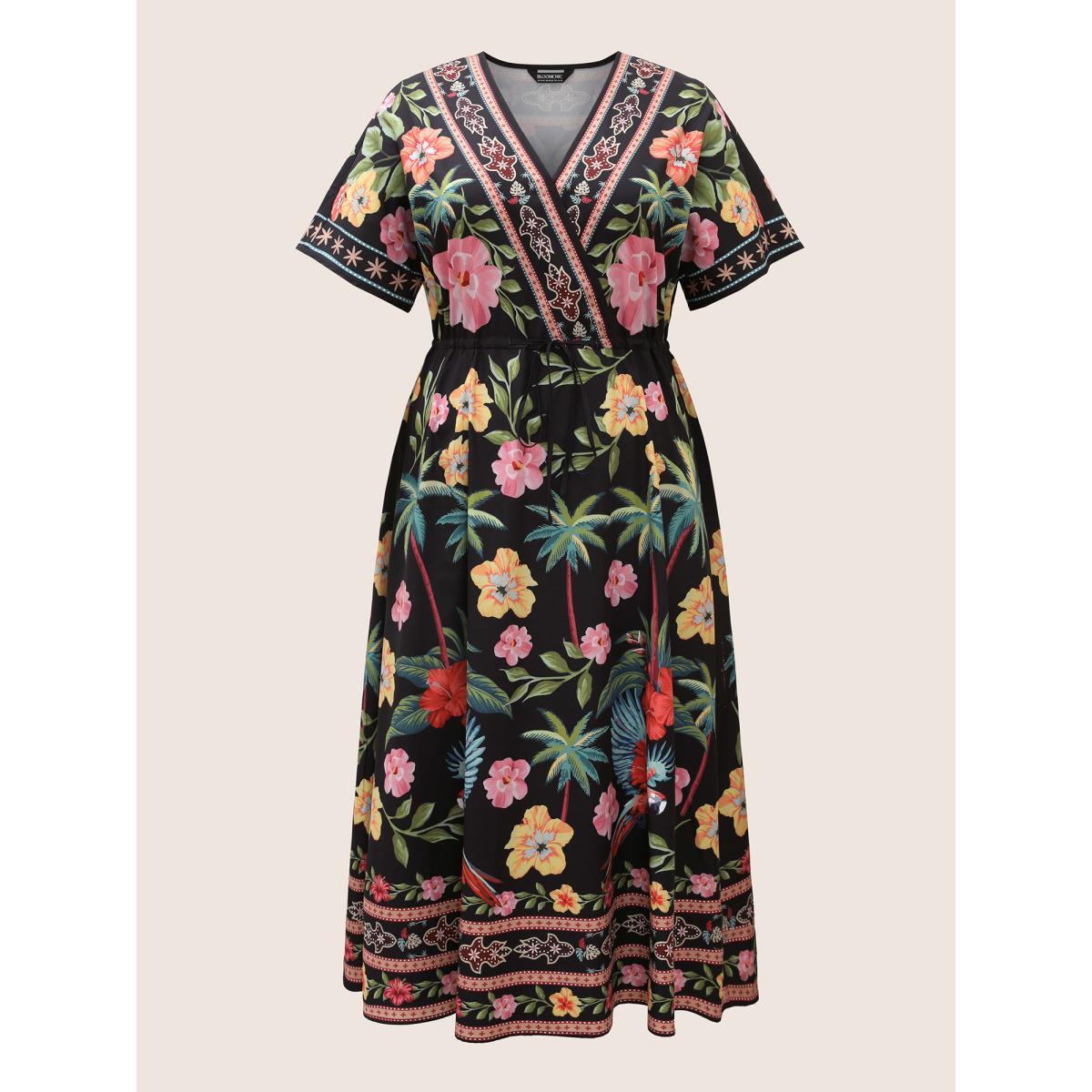 Plus Size Boho Print Overlap Collar Drawstring Dress Black Women Resort Drawstring Overlap Collar Short sleeve Curvy BloomChic 14-16/1X Product Image