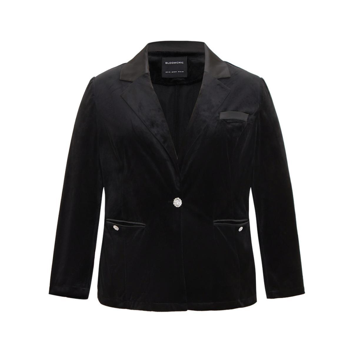 Plus Size Velvet Buckle Detail Pocket Suit Collar Blazer Black Women Dailywear Plain Plain Sleeve Long Sleeve Suit Collar 12/L Pocket Elegant Blazers BloomChic Product Image
