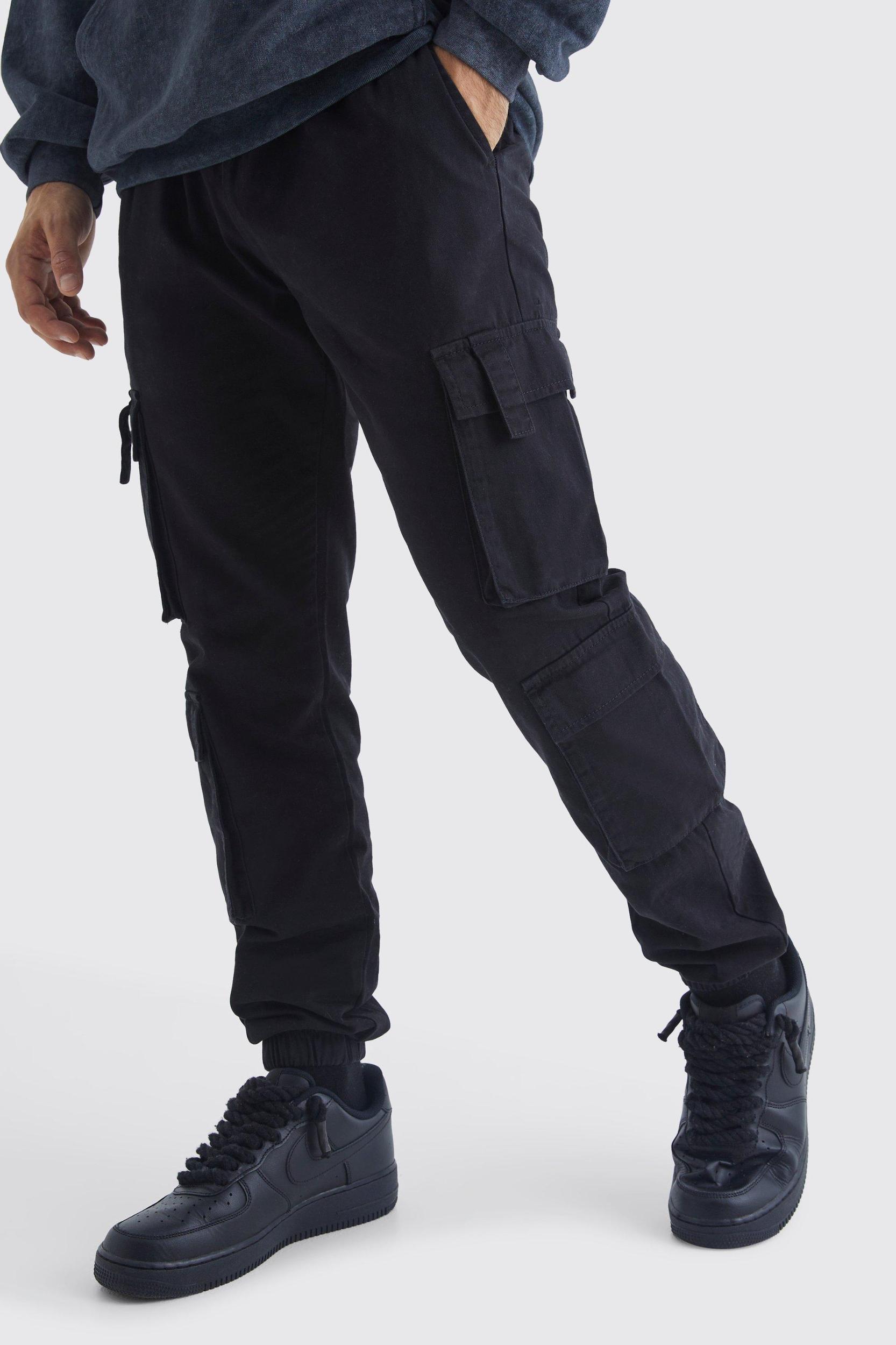 Mens Elasticated Waist Multi Cargo Pocket Slim Fit Sweatpants - Black Product Image