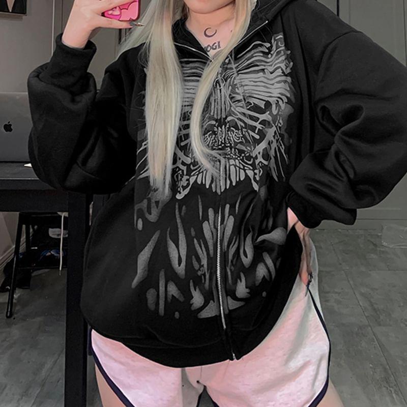 Oversized Butterfly Print Zip-Up Hoodie Product Image