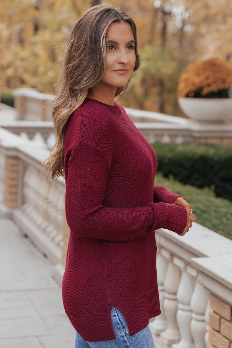 The Mini Waffle Texture Ribbed Knit Sweater - Wine - FINAL SALE Product Image