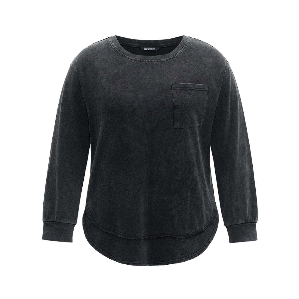 Plus Size Vintage Split Arc Hem Patched Pocket Sweatshirt Women Black Casual Plain Round Neck Everyday Sweatshirts BloomChic 22-24/3X Product Image