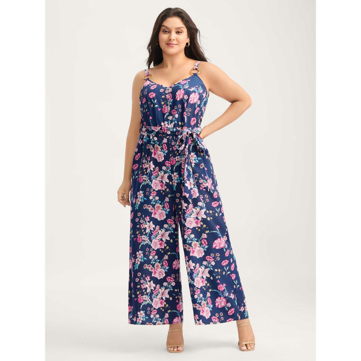Plus Size Indigo Rosy Print Belted Pockets Jumpsuit Women Sleeveless Non Everyday-Elegant Loose Jumpsuits BloomChic 14-16/1X Product Image