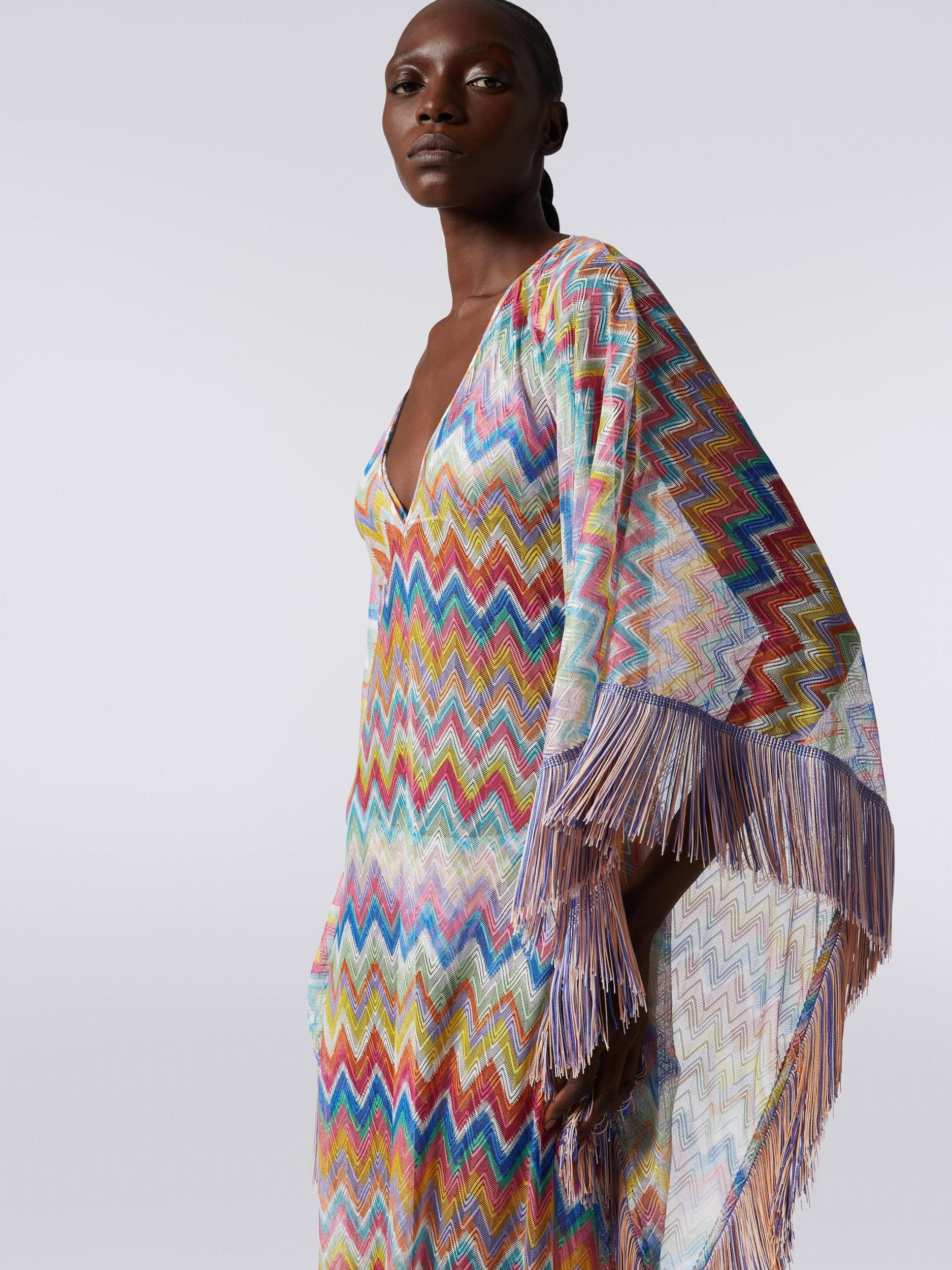 Long cover-up kaftan with zigzag print and fringes Product Image