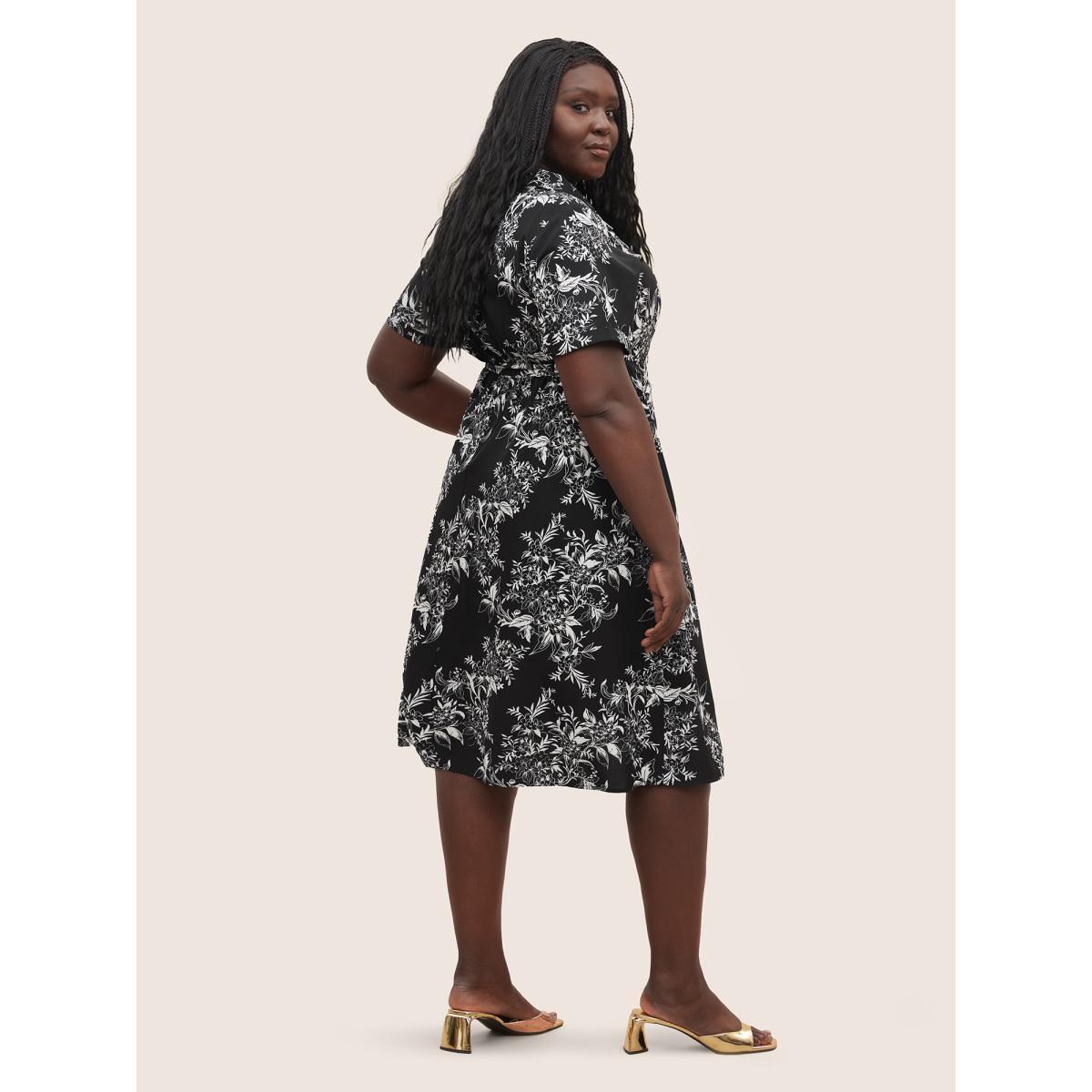 Plus Size Silhouette Floral Print Ties Lapel Collar Dress Black Women At the Office Non Lapel Collar Short sleeve Curvy Midi Dress BloomChic 14-16/1X Product Image