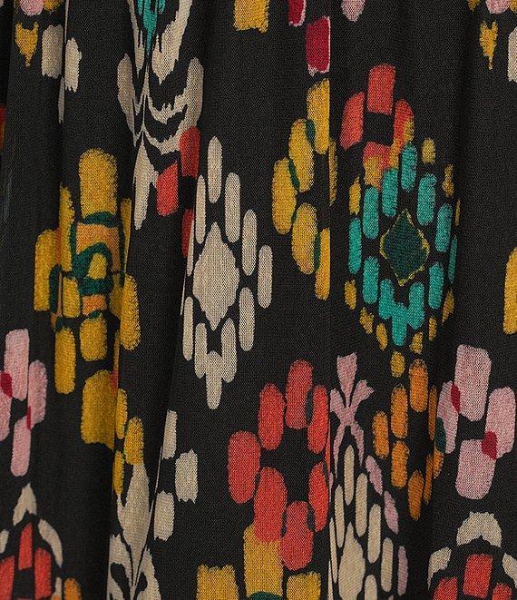 Calessa Petite Size Abstract Ikat Print Plunge V-Neck Cap Flutter Sleeve Smocked Tiered Dress Product Image
