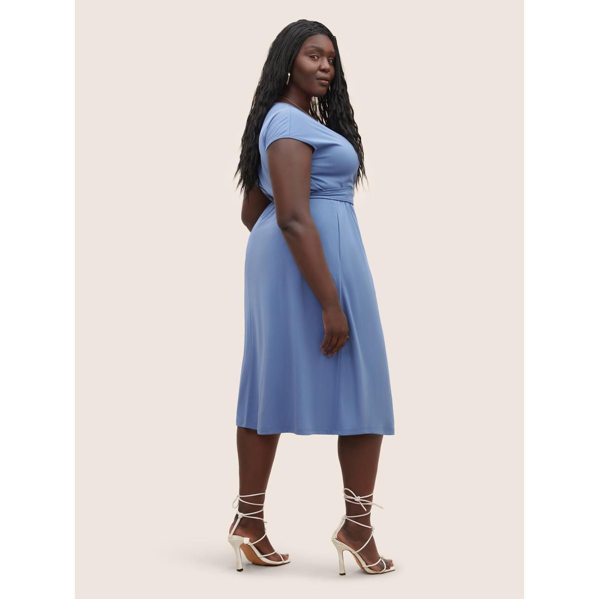 Plus Size Solid Ties Wrap Dolman Sleeve Split Side Dress Stone Women Basics Non Overlap Collar Cap Sleeve Curvy Midi Dress BloomChic 10/M Product Image