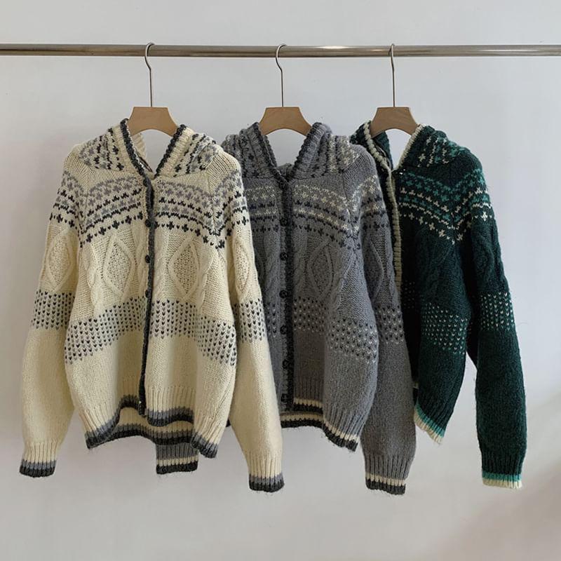 Contrast Trim Jacquard Hooded Cardigan Product Image